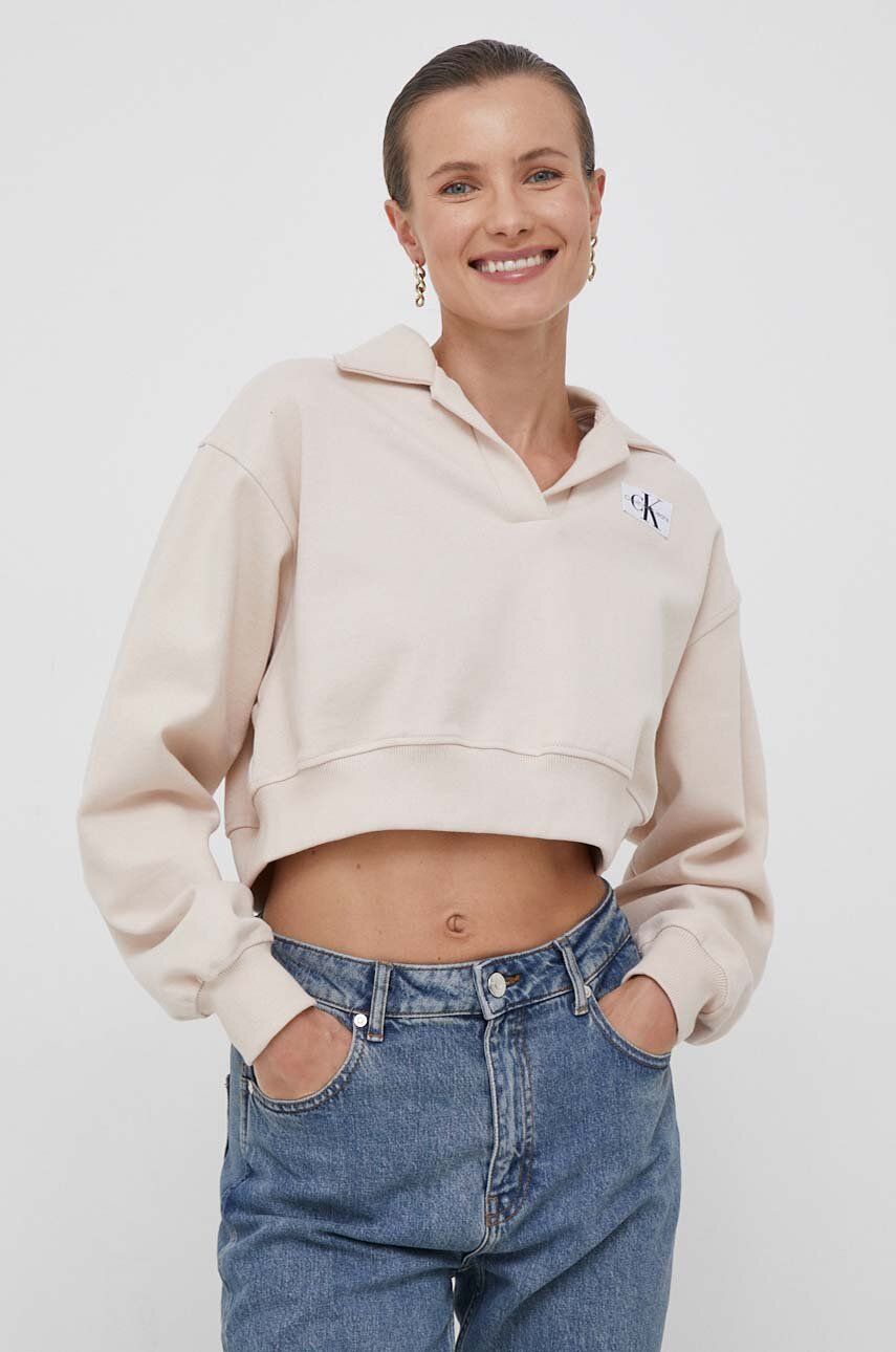Levně Mikina Calvin Klein Jeans dámská, béžová barva, hladká