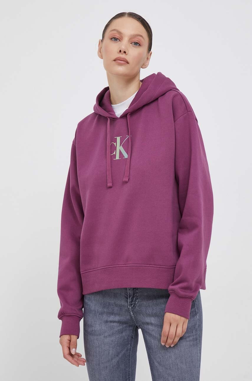 

Суичър Calvin Klein Jeans в лилаво с качулка с принт, Виолетов