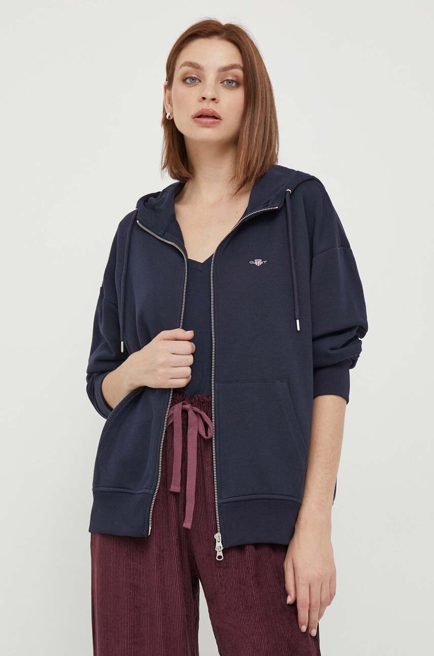 Gant bluza femei, culoarea albastru marin, cu glugă, neted