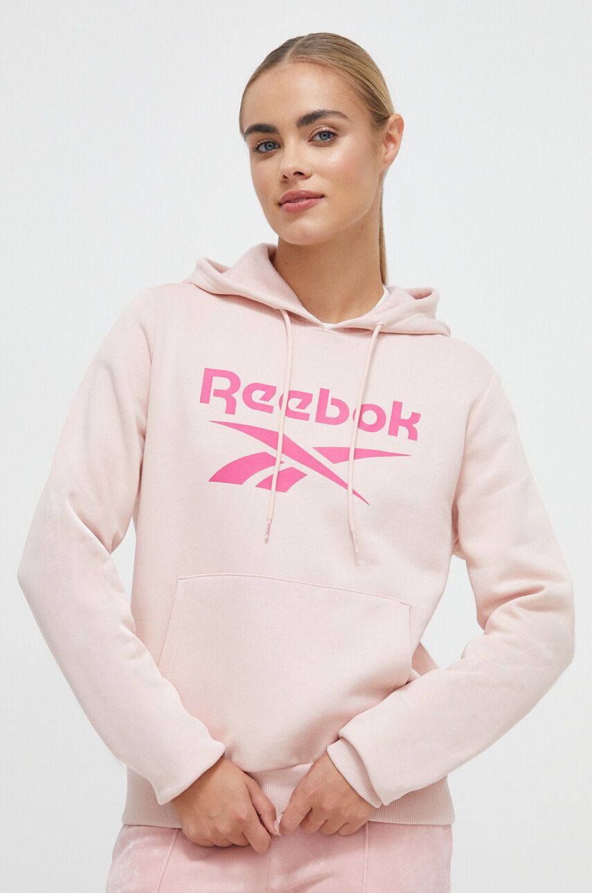 Mikina Reebok dámská, růžová barva, s kapucí, s potiskem - růžová - Hlavní materiál: 70 % Bavlna