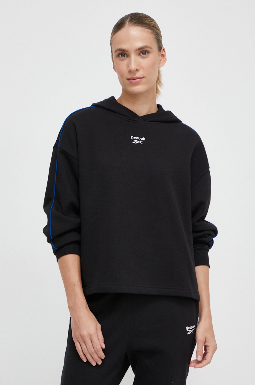 Reebok bluza femei, culoarea negru, cu glugă, neted Reebok bluza femei, culoarea negru, cu glugă, neted