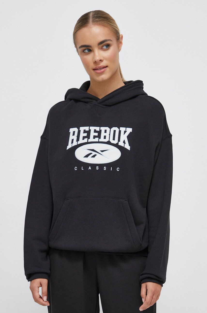 Reebok Classic hanorac de bumbac femei, culoarea negru, cu glugă, cu imprimeu