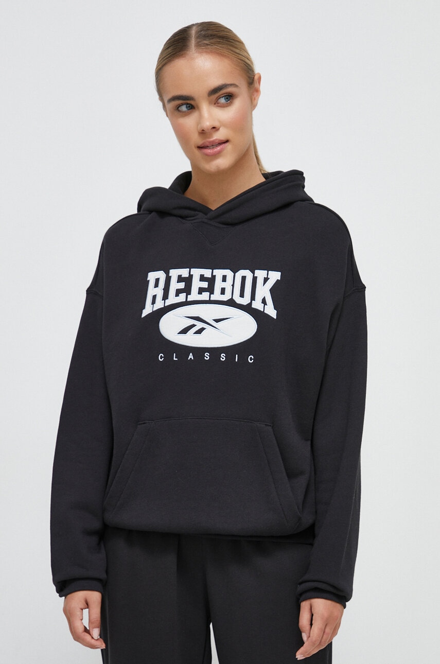 E-shop Bavlněná mikina Reebok Classic ARCHIVE ESSENTIALS dámská, černá barva, s kapucí, s aplikací, 100036304