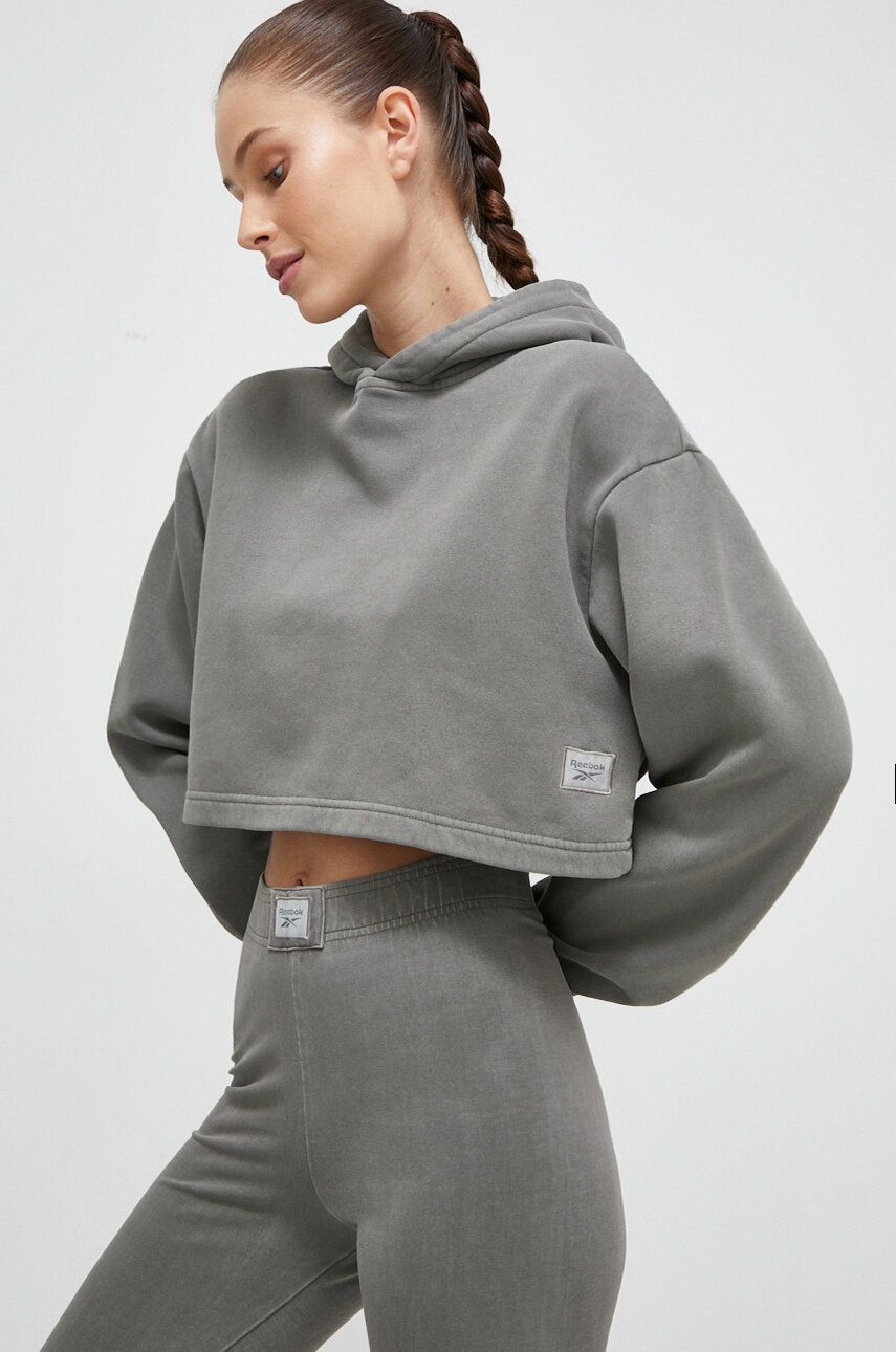 E-shop Mikina Reebok Classic dámská, šedá barva, s kapucí, hladká