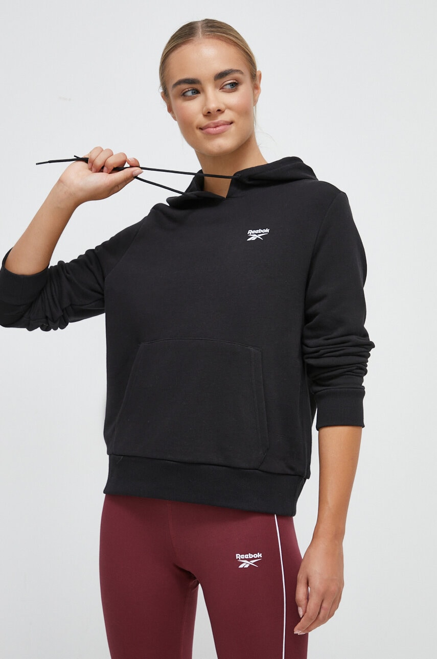 Reebok bluza femei, culoarea negru, cu glugă, neted Reebok bluza femei, culoarea negru, cu glugă, neted