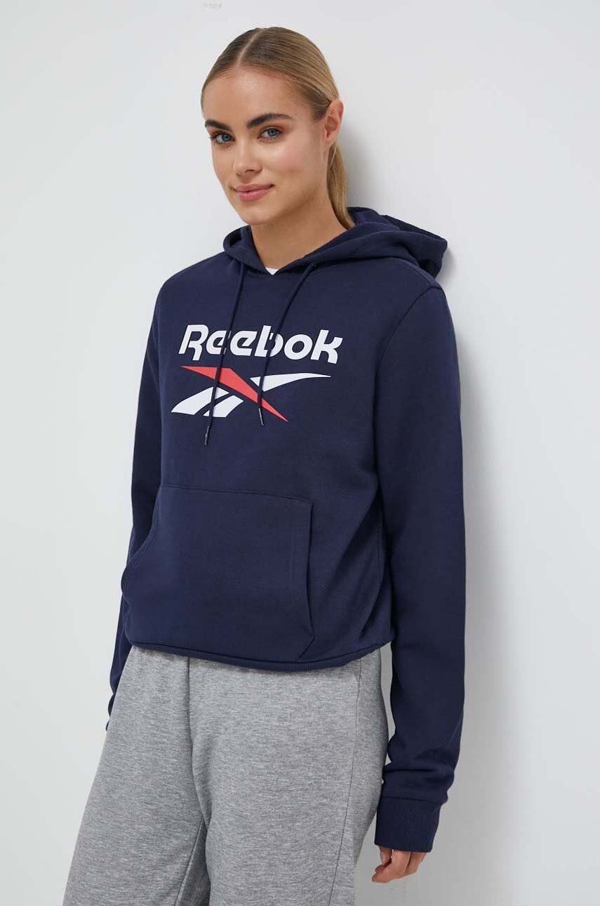 Reebok bluza femei, culoarea albastru marin, cu glugă, cu imprimeu