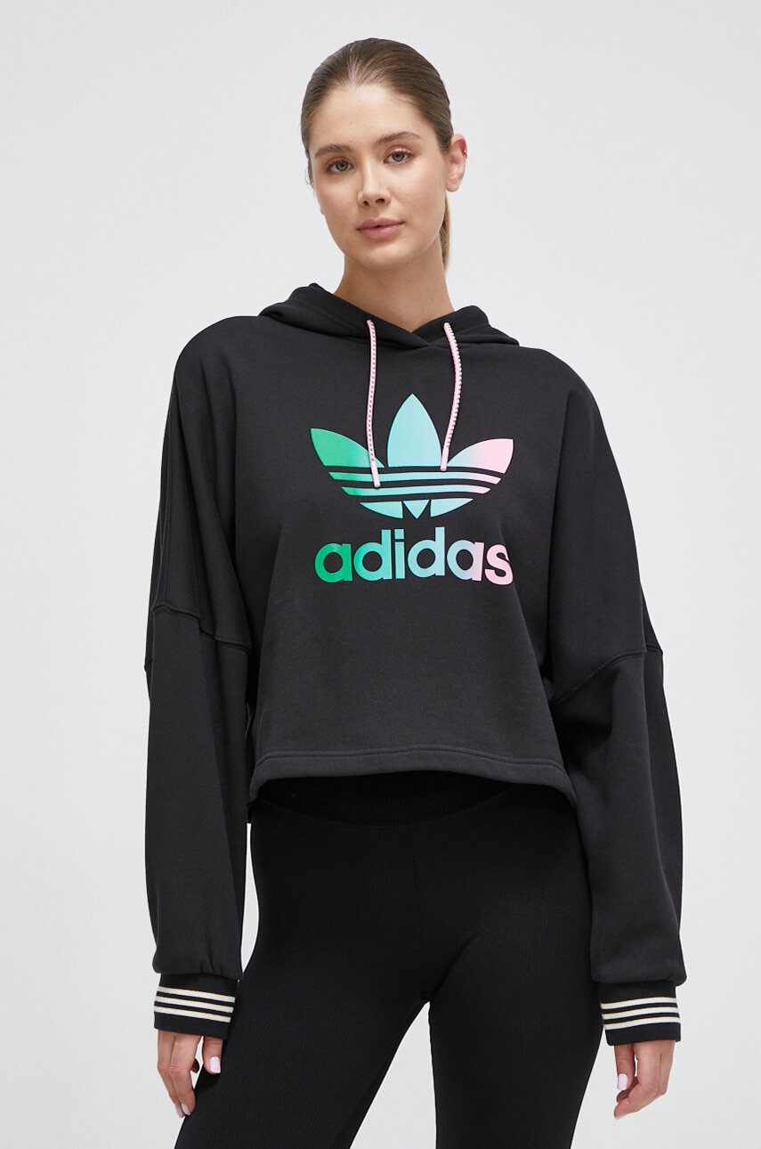 Adidas Originals Hanorac De Bumbac Femei, Culoarea Negru, Cu Gluga, Cu Imprimeu