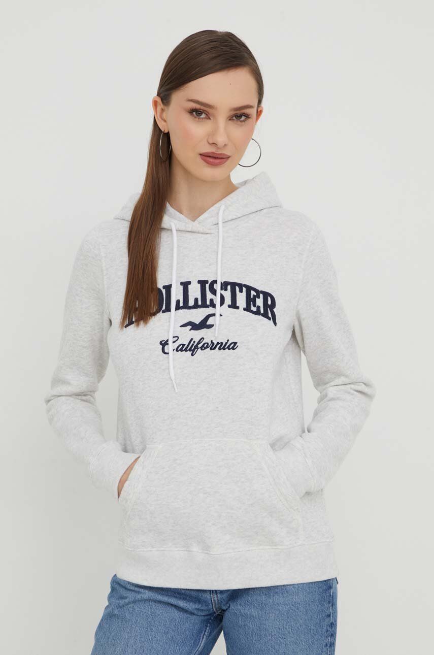 Hollister Co. bluza femei, culoarea gri, cu glugă, cu imprimeu