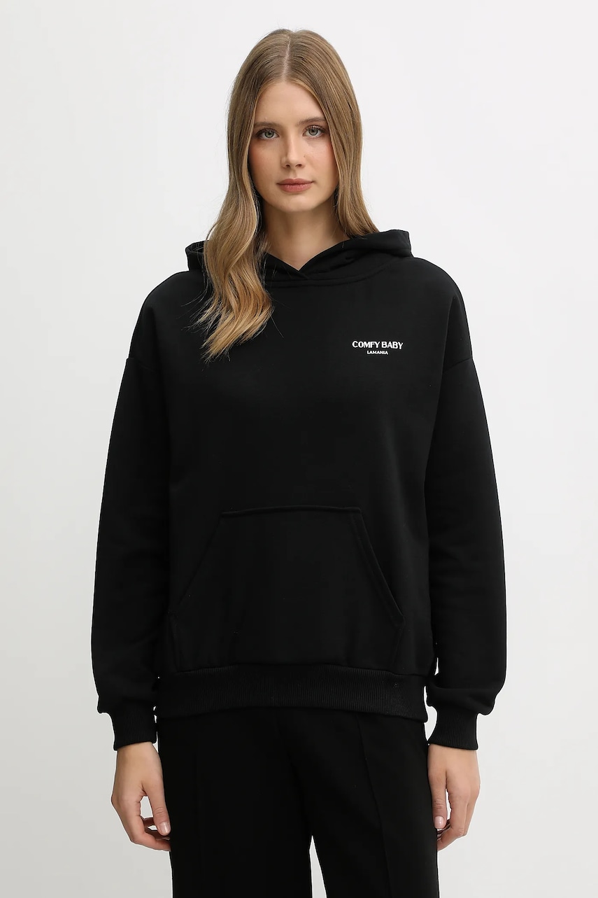 La Mania bluza femei, culoarea negru, cu glugă, cu imprimeu