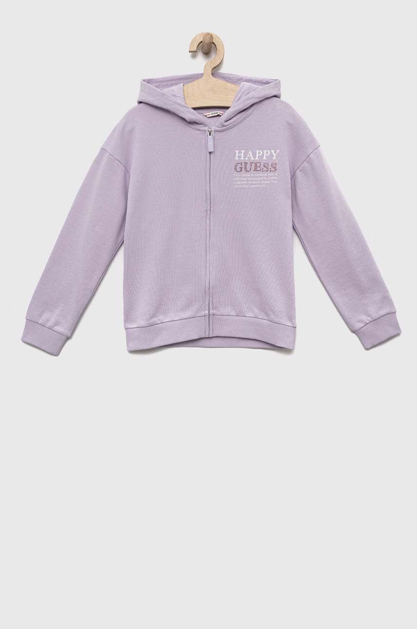

Детская хлопковая кофта Guess цвет фиолетовый с капюшоном с принтом