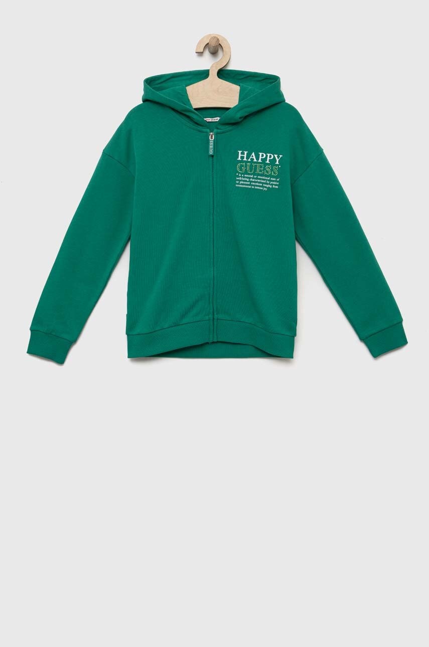 Детская хлопковая кофта Guess цвет зелёный с капюшоном с принтом Детская хлопковая кофта Guess цвет зелёный с капюшоном с принтом