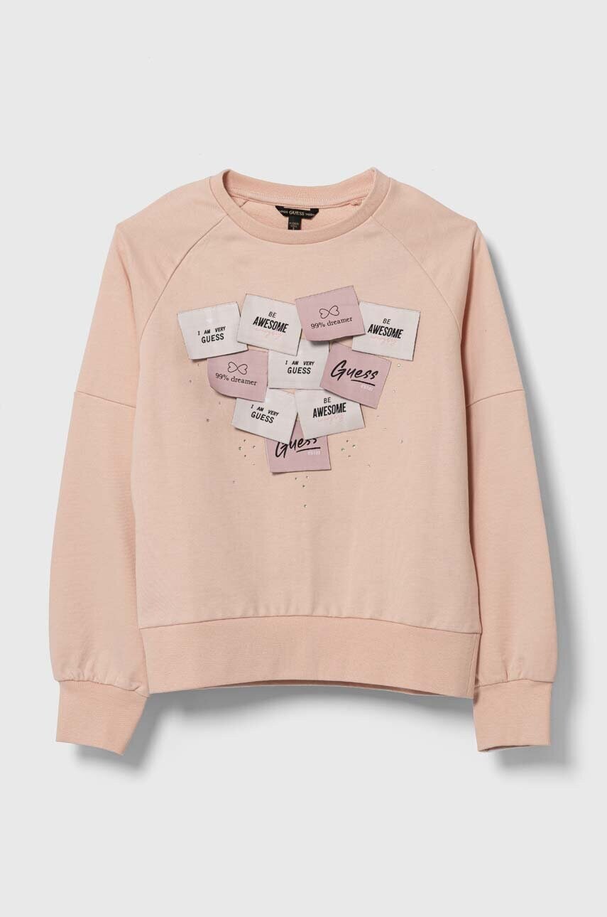 

Детски памучен суичър Guess в розово с апликация, Розов