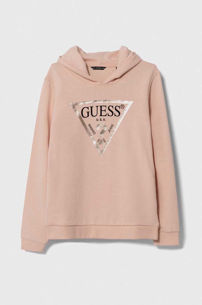 

Детская хлопковая кофта Guess цвет розовый с капюшоном с принтом