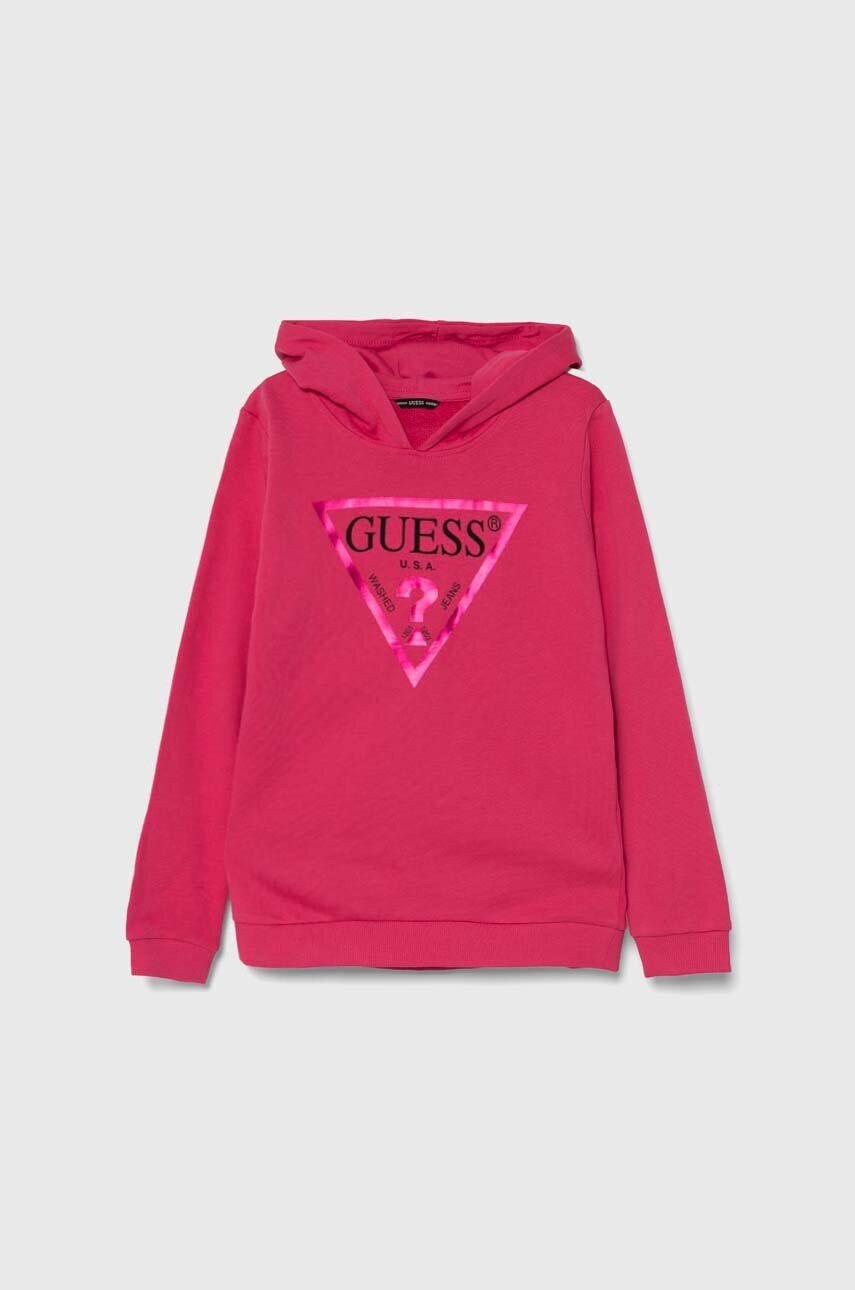 

Дитяча бавовняна кофта Guess колір рожевий з капюшоном з принтом
