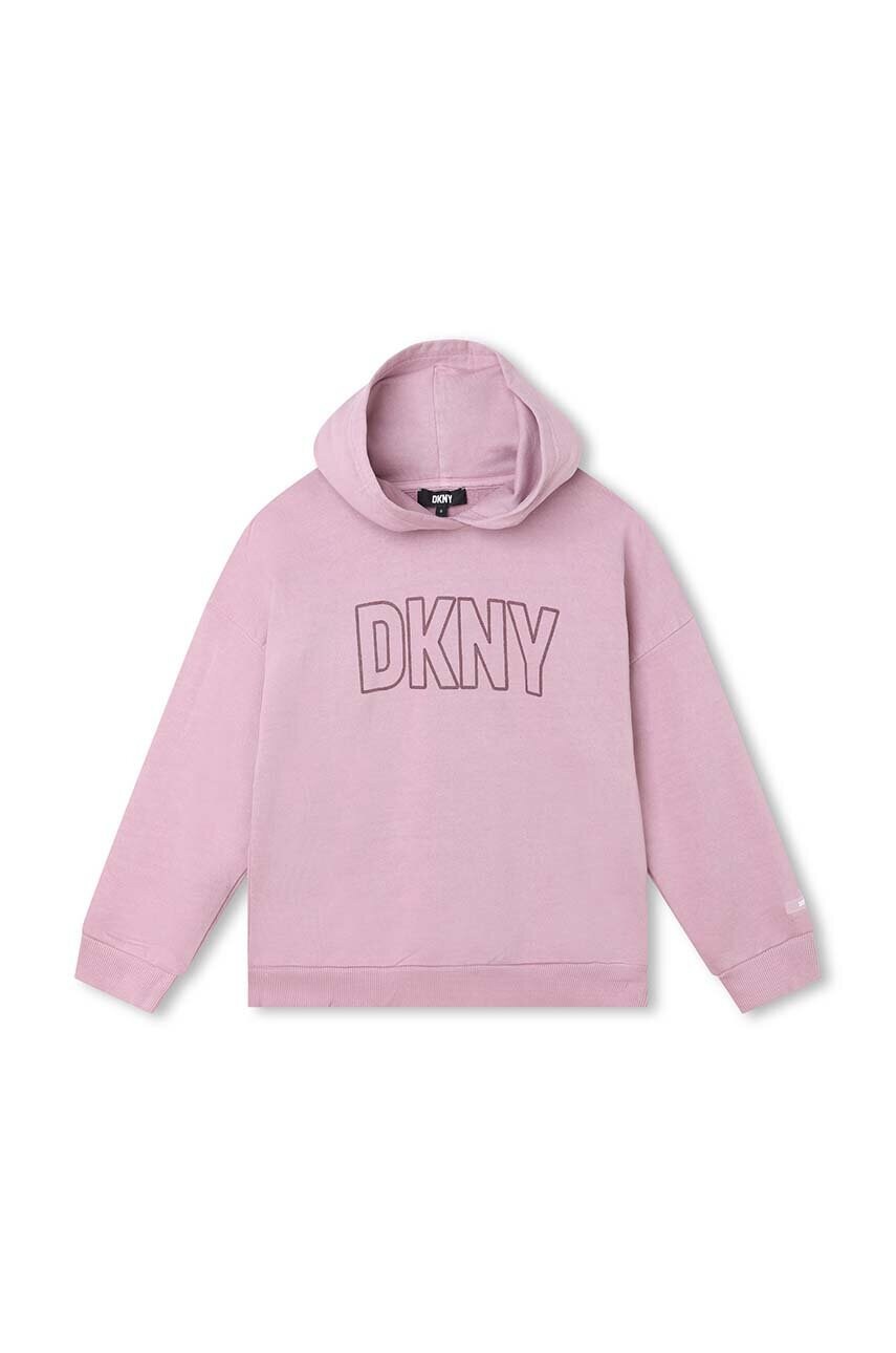 Levně Dětská bavlněná mikina Dkny fialová barva, s kapucí, s potiskem