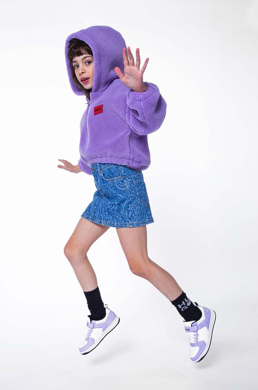 Levně Dětská mikina HUGO fialová barva, s kapucí, s aplikací