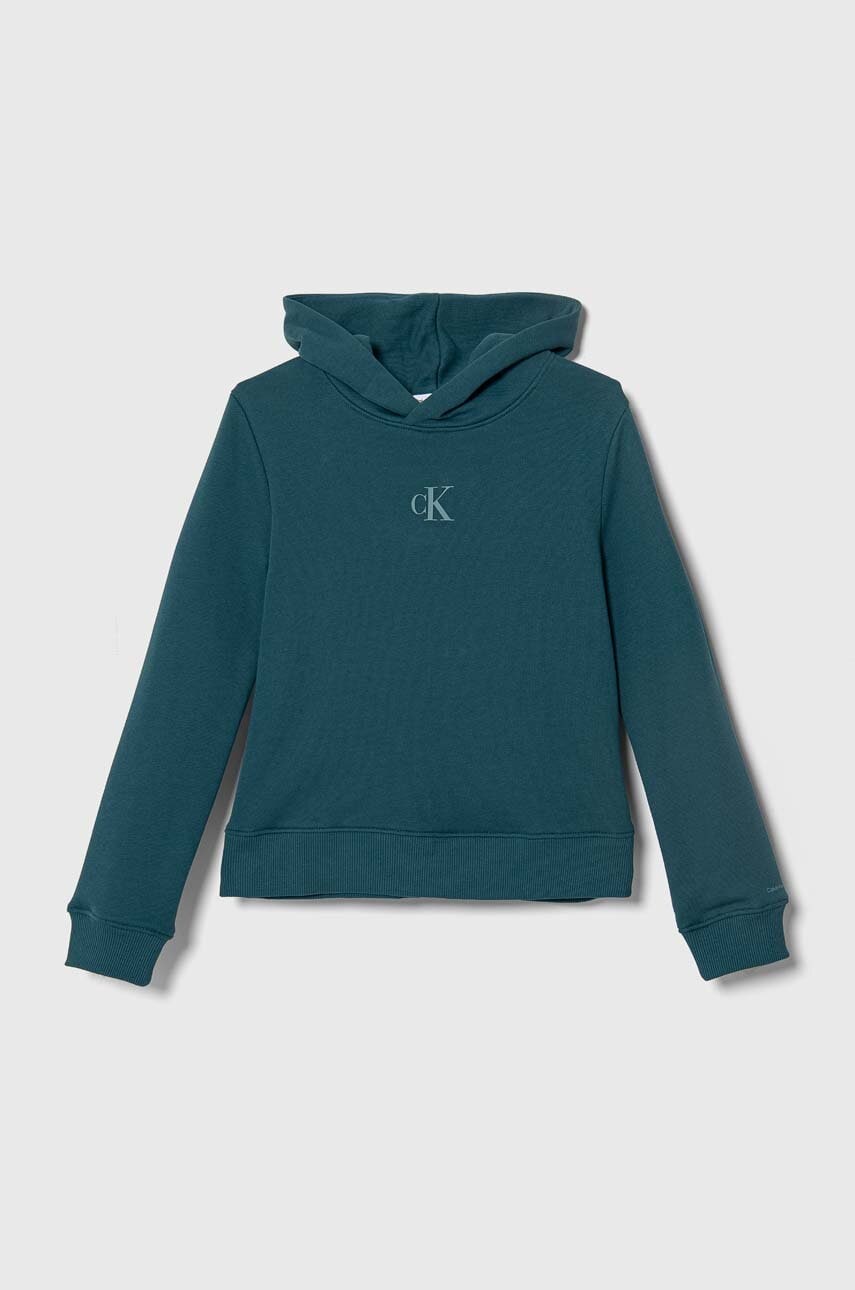 Levně Dětská mikina Calvin Klein Jeans tyrkysová barva, s kapucí, s aplikací