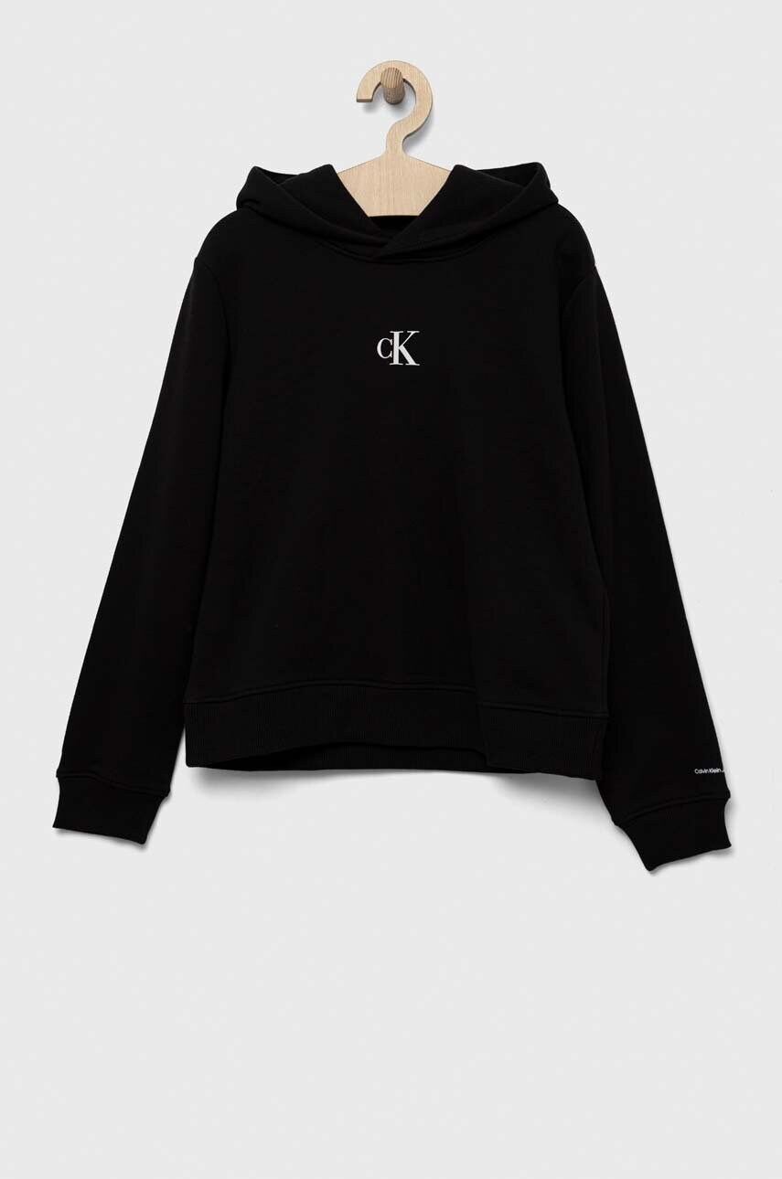 Levně Dětská mikina Calvin Klein Jeans černá barva, s kapucí, s aplikací