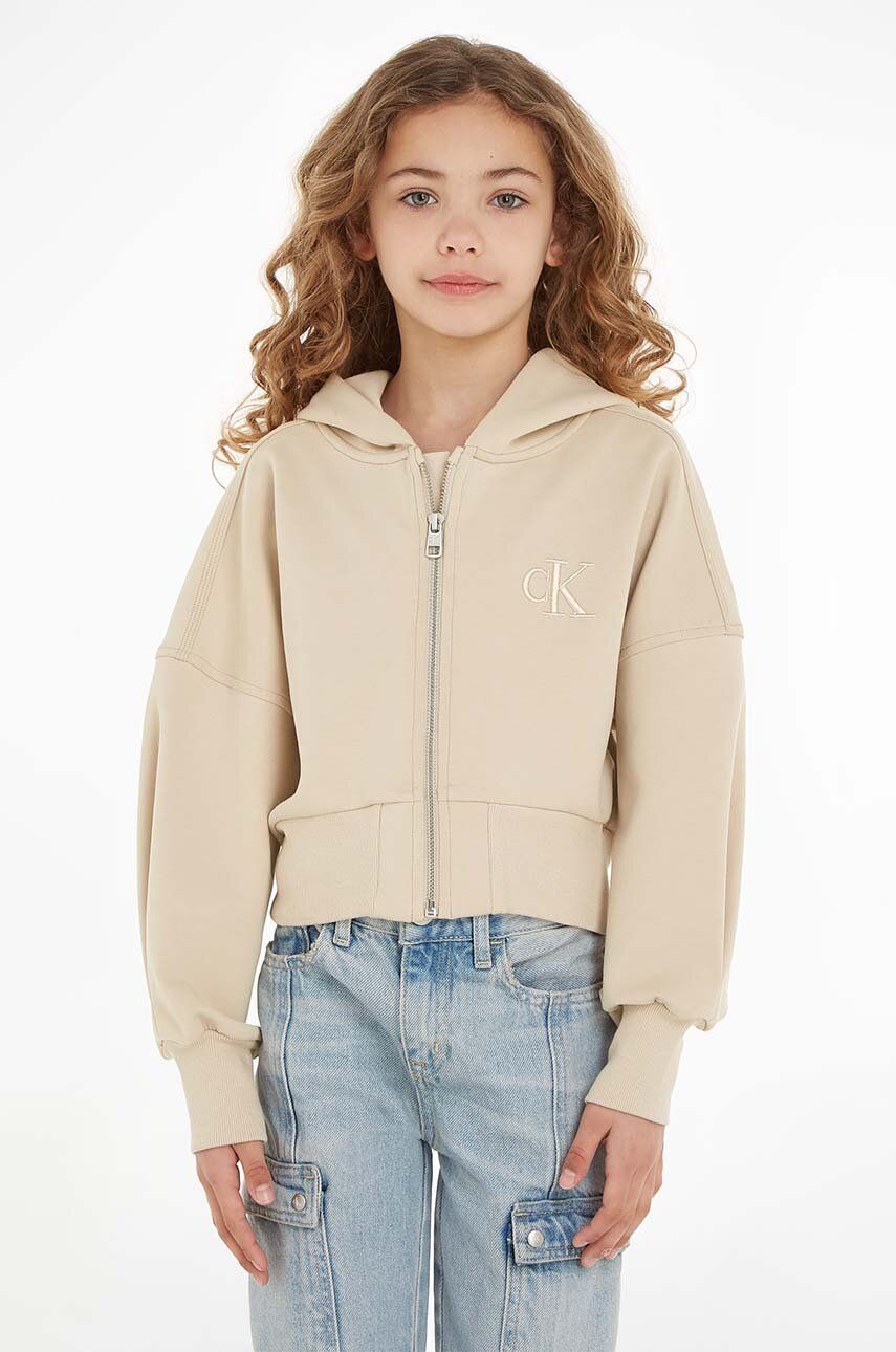 Levně Dětská mikina Calvin Klein Jeans béžová barva, s kapucí, hladká