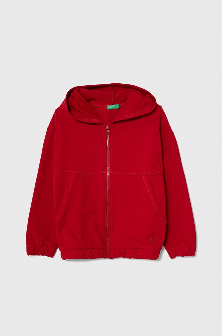 Dětská mikina United Colors of Benetton červená barva, s kapucí, hladká - červená -  94 % Bavln