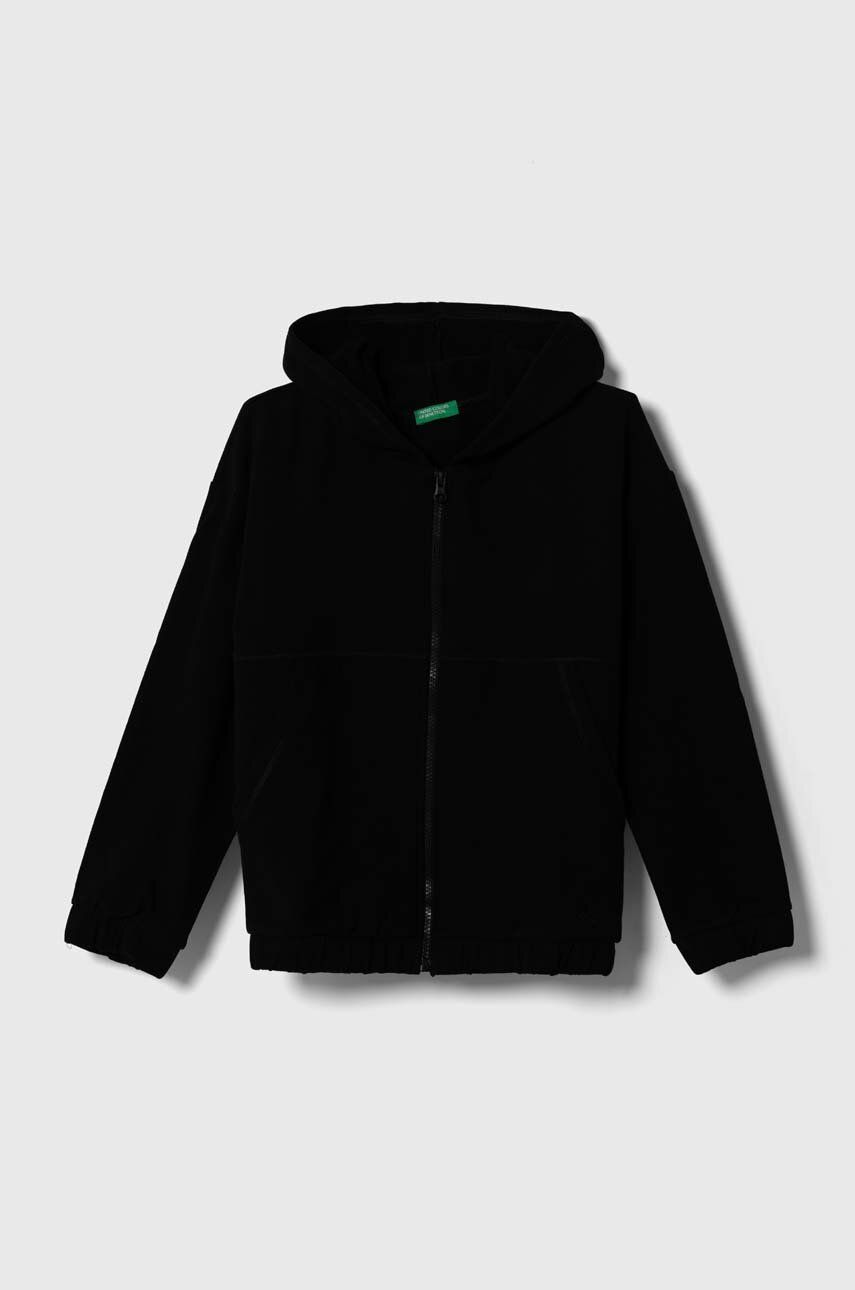Dětská mikina United Colors of Benetton černá barva, s kapucí, hladká - černá -  94 % Bavlna