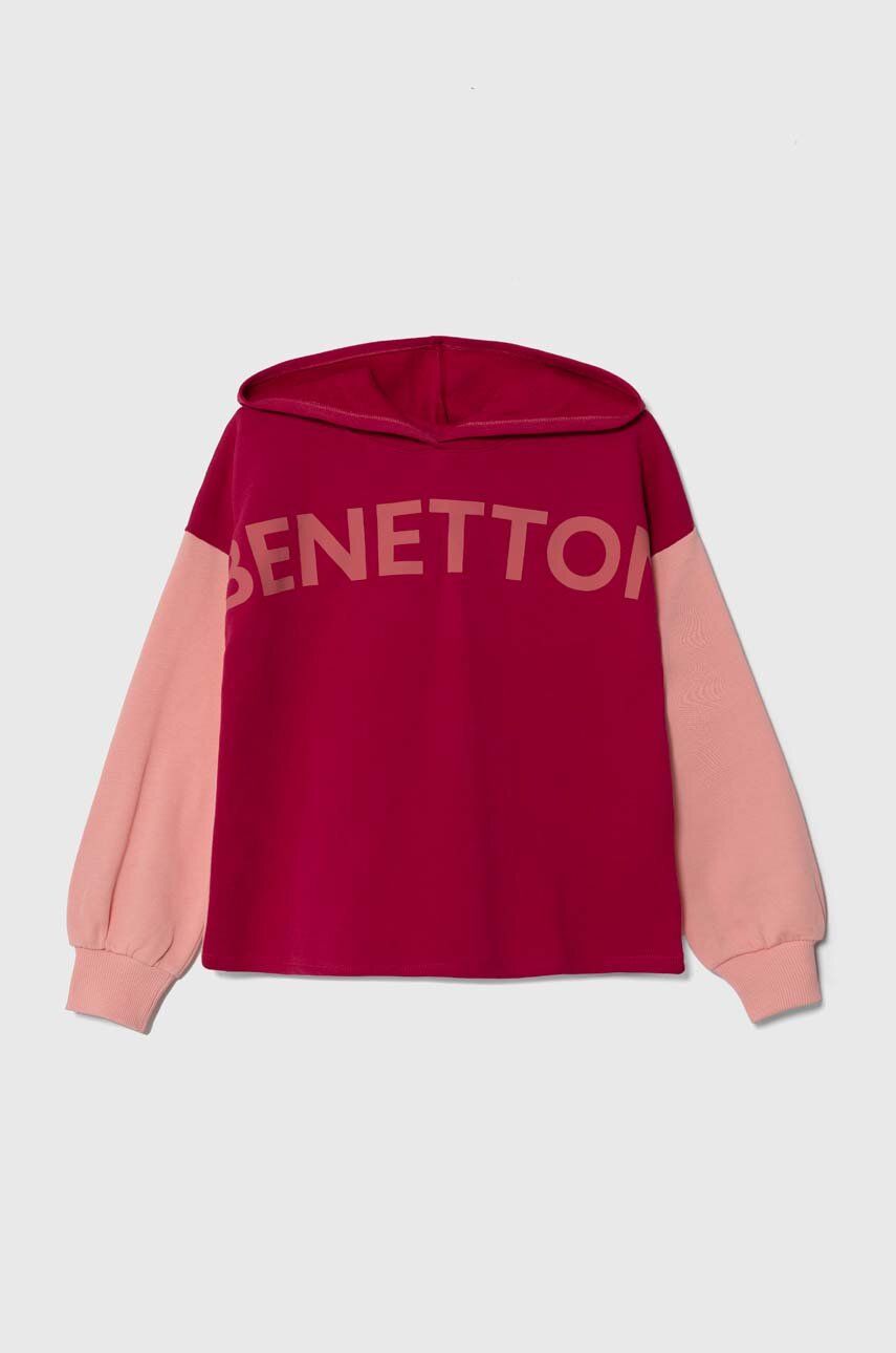 United Colors of Benetton hanorac de bumbac pentru copii culoarea roz, cu glugă, cu imprimeu