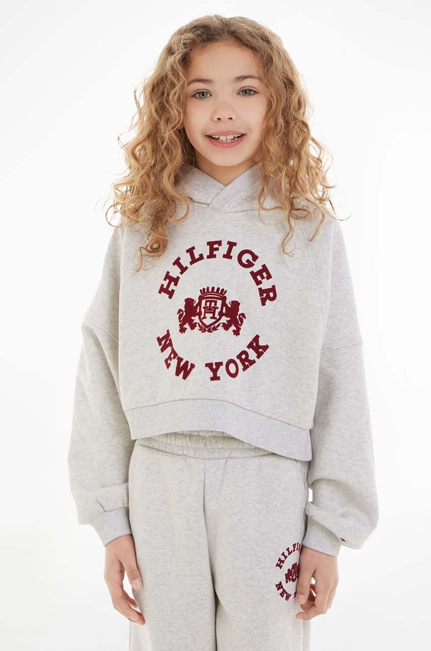 

Детски суичър Tommy Hilfiger в сиво с качулка с принт, Сив