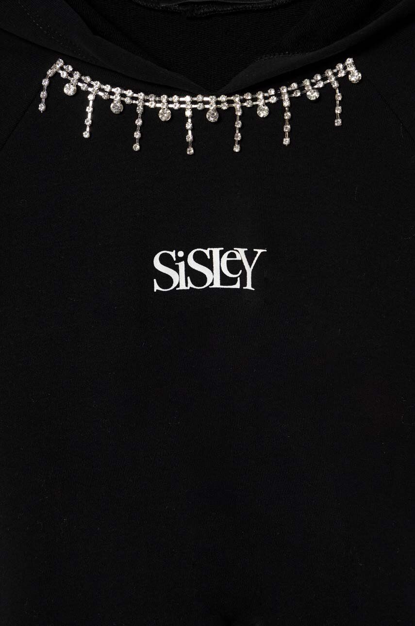 Sisley Bluza Copii Culoarea Negru, Cu Glugă, Cu Imprimeu