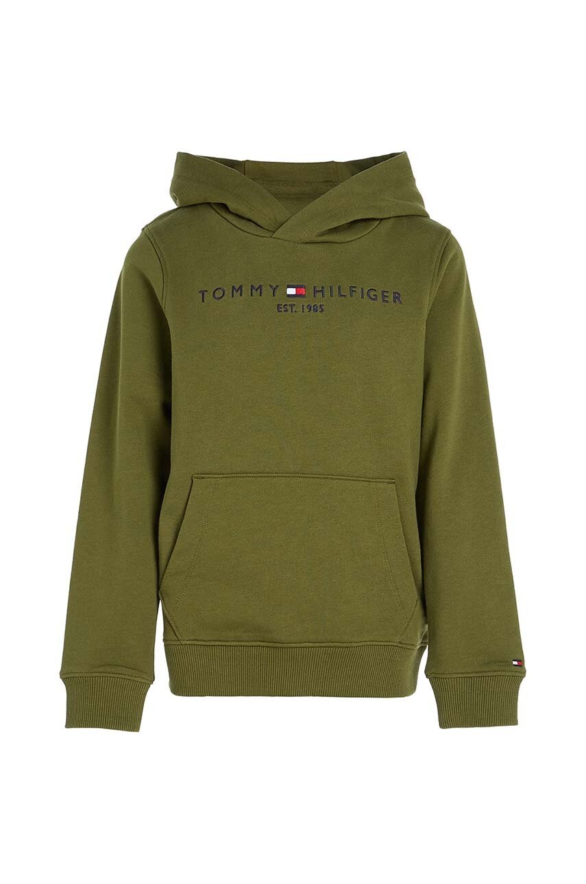 

Дитяча бавовняна кофта Tommy Hilfiger колір зелений з капюшоном з аплікацією