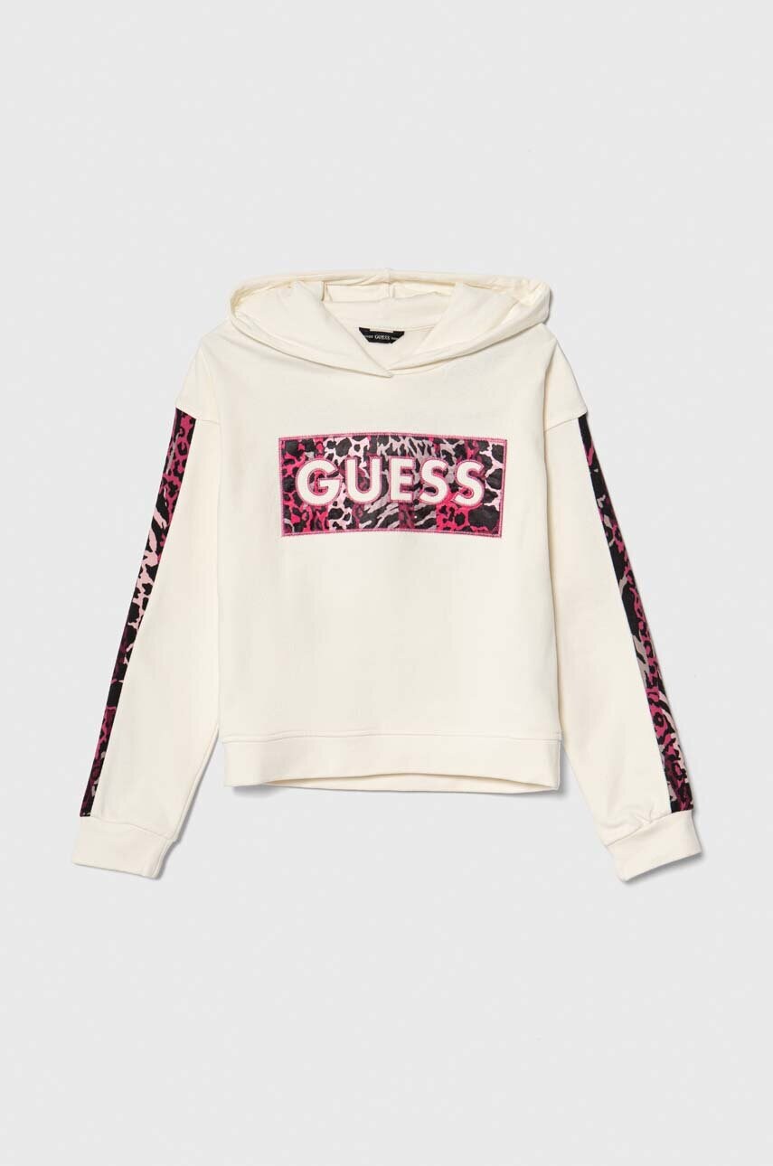 

Дитяча бавовняна кофта Guess колір бежевий з капюшоном візерунок