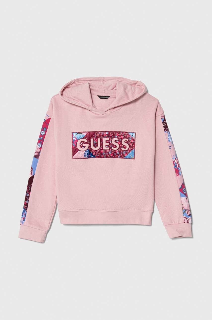 

Детская хлопковая кофта Guess цвет розовый с капюшоном узор