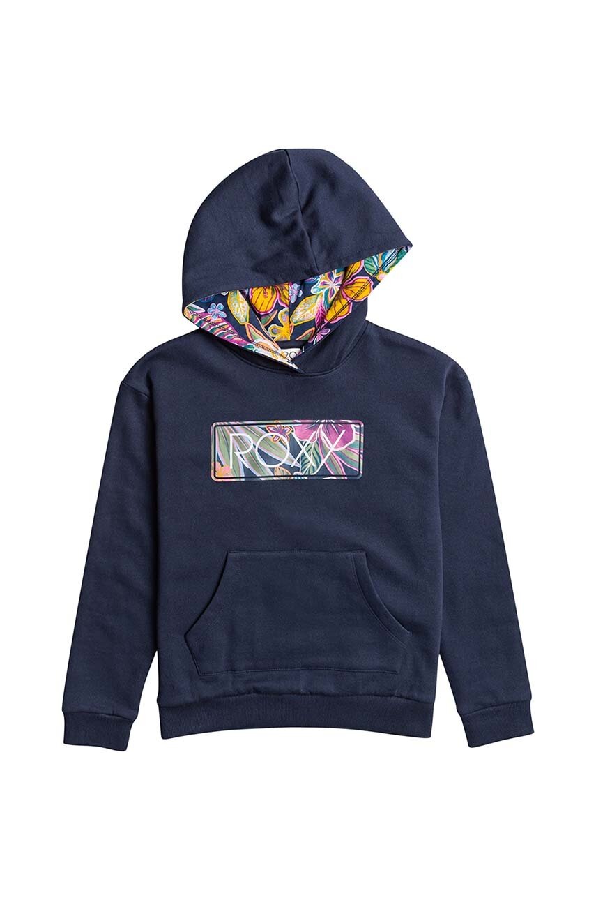 Детская хлопковая кофта Roxy HYPNOTICO OTLR цвет синий с капюшоном с принтом Детская хлопковая кофта Roxy HYPNOTICO OTLR цвет синий с капюшоном с принтом