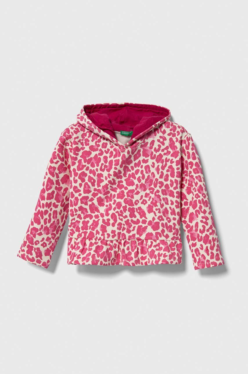 Dětská mikina United Colors of Benetton růžová barva, s kapucí, vzorovaná - růžová - 84 % Bavlna