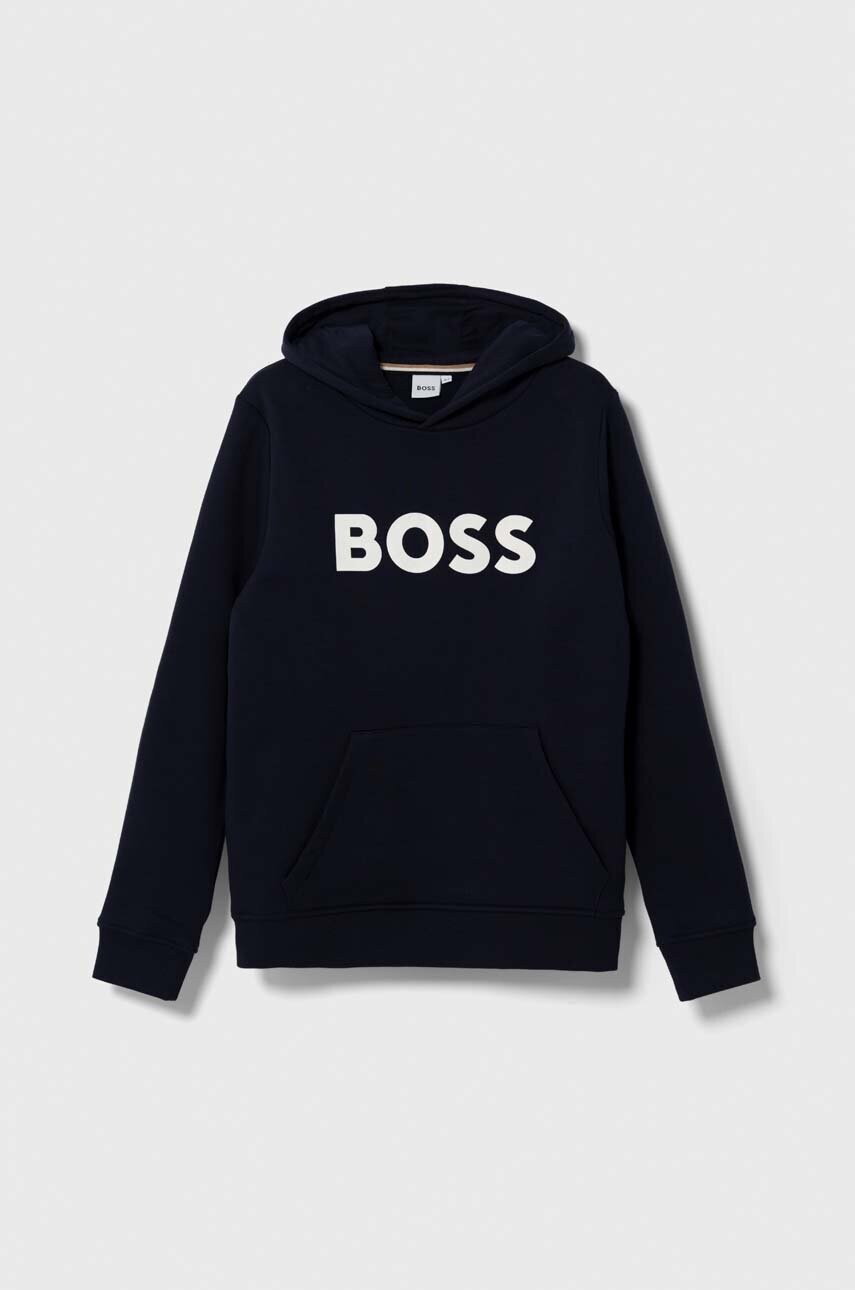 

Детская кофта BOSS цвет синий с капюшоном с принтом