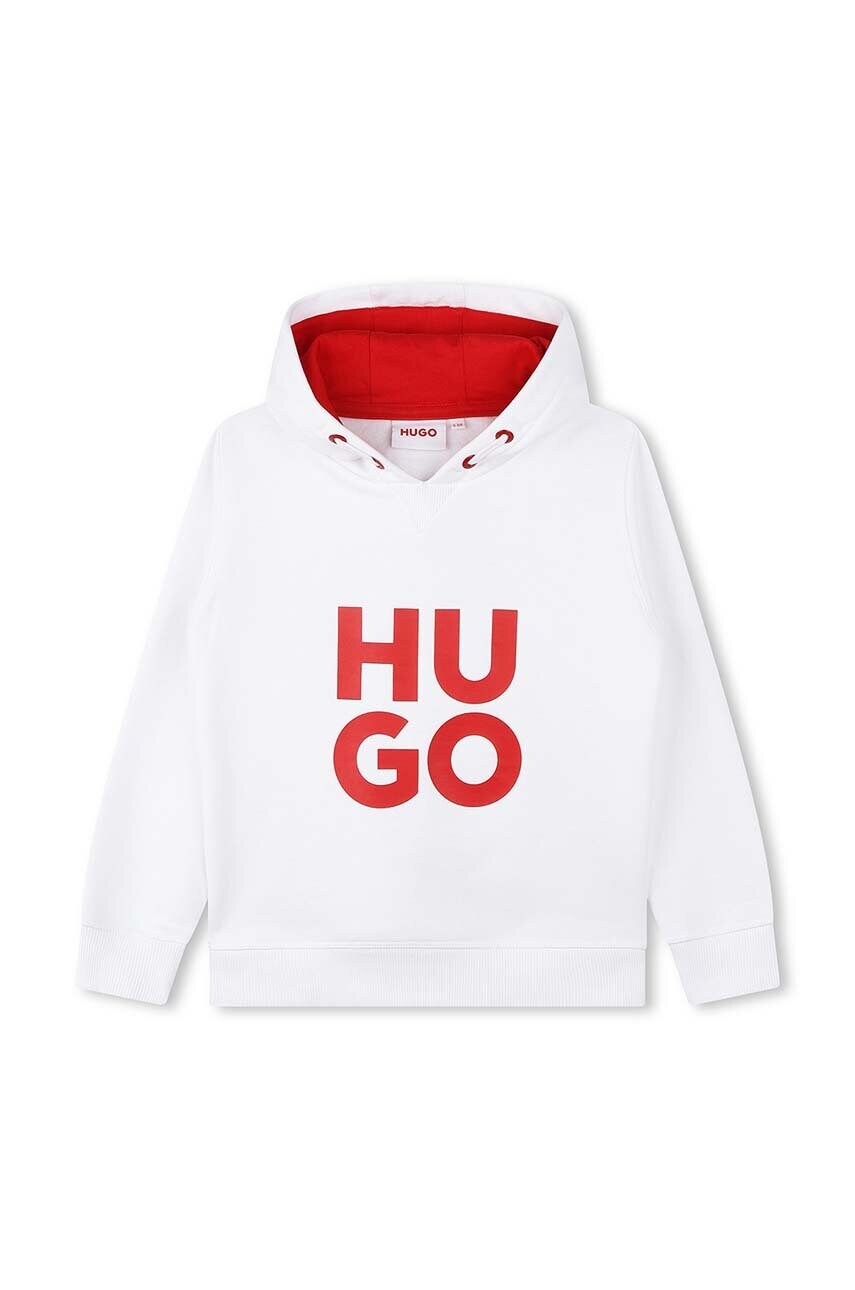 

Дитяча кофта HUGO колір білий з капюшоном з принтом