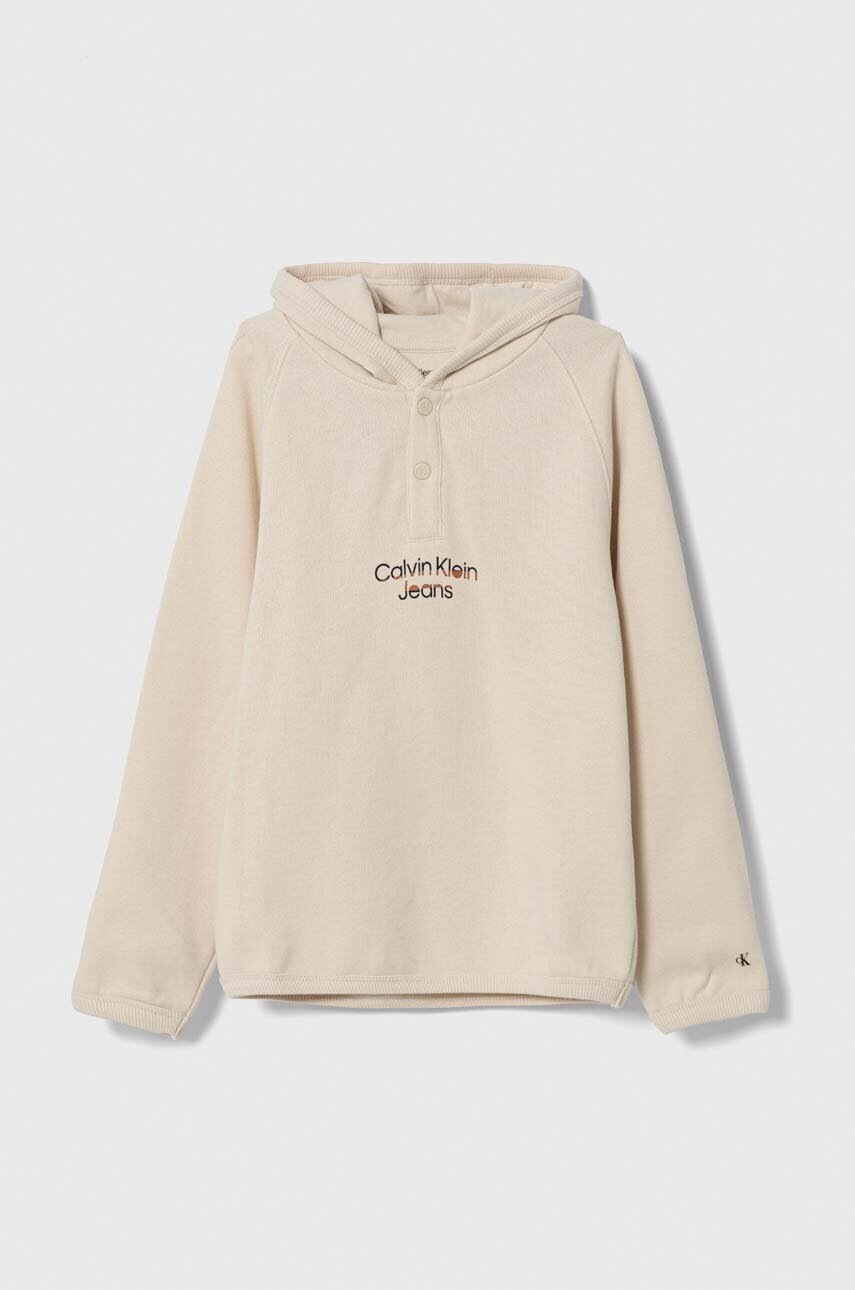 

Детски памучен суичър Calvin Klein Jeans в бежово с качулка с изчистен дизайн, Бежов