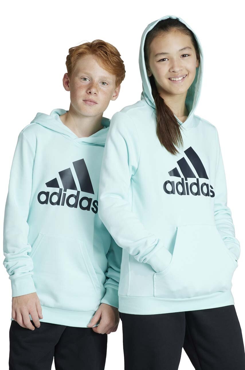 Levně Dětská mikina adidas tyrkysová barva, s kapucí, s potiskem