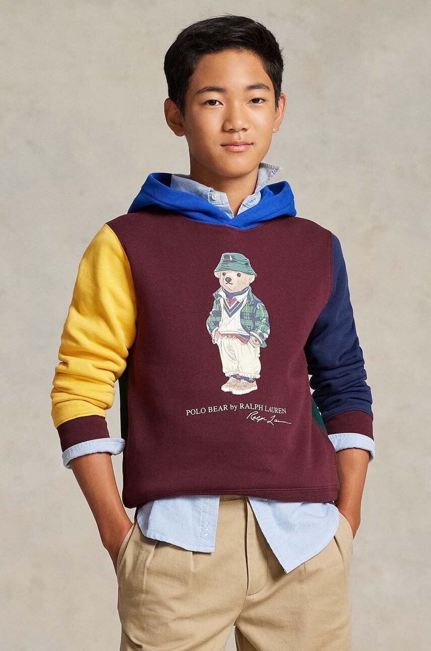 

Детская хлопковая кофта Polo Ralph Lauren цвет бордовый с капюшоном с принтом