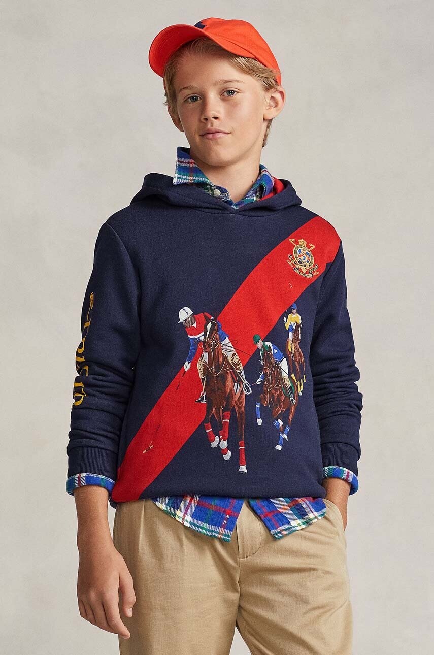 Levně Dětská mikina Polo Ralph Lauren tmavomodrá barva, s kapucí, s potiskem