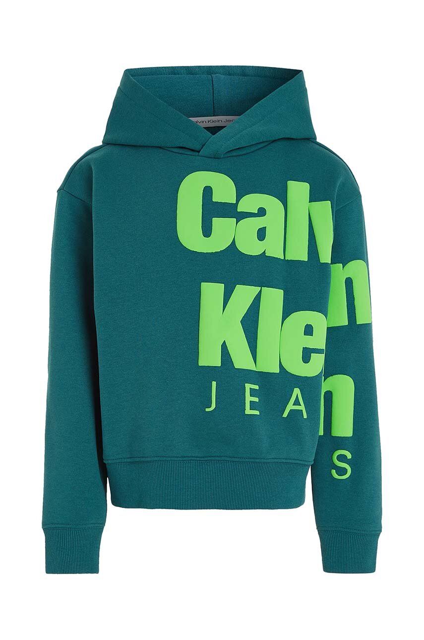 Dětská mikina Calvin Klein Jeans zelená barva, s kapucí, s potiskem - zelená - Hlavní materiál: 60 %
