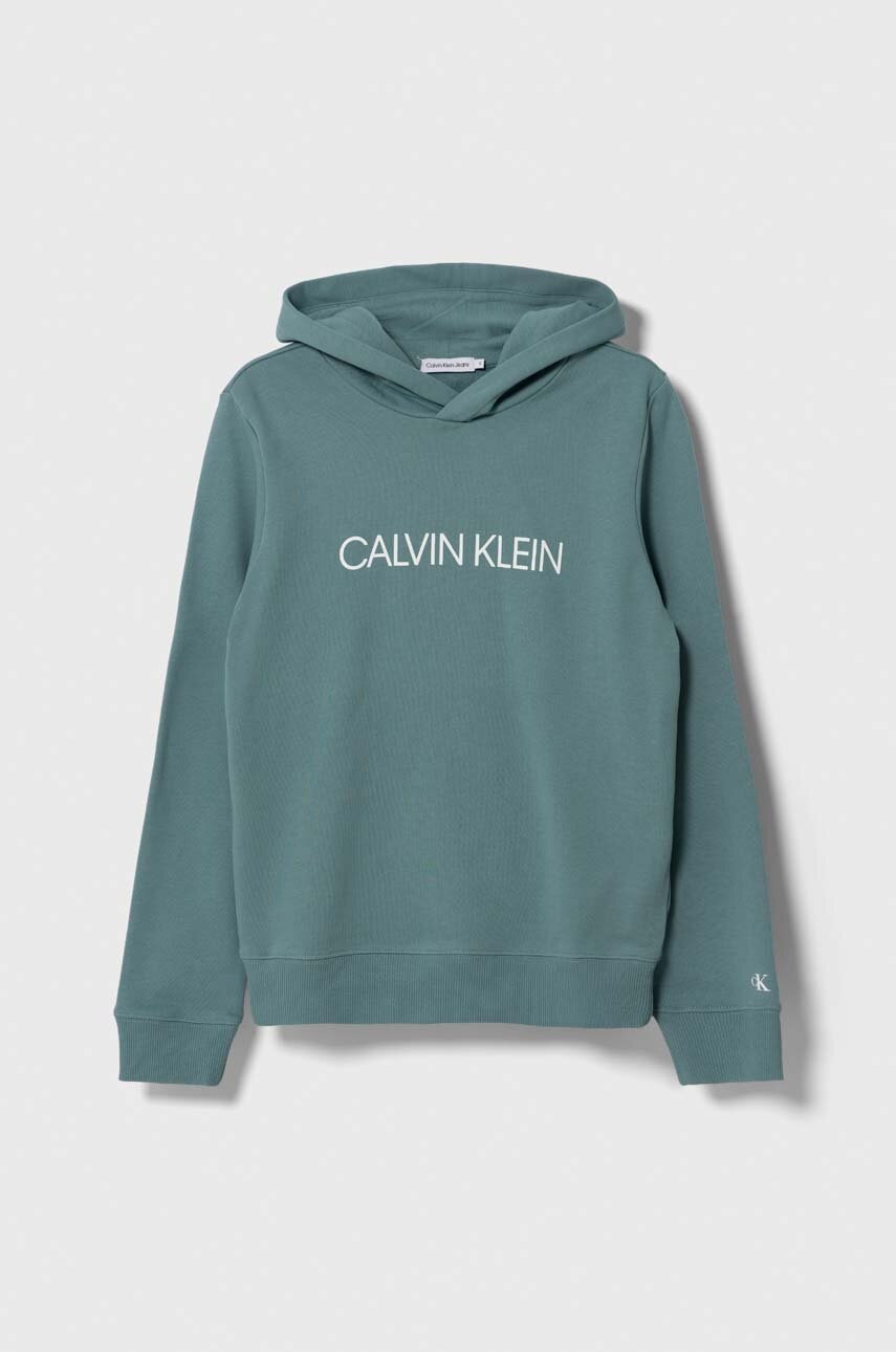 

Детски памучен суичър Calvin Klein Jeans в тюркоазено с качулка с принт, Тюркоазен