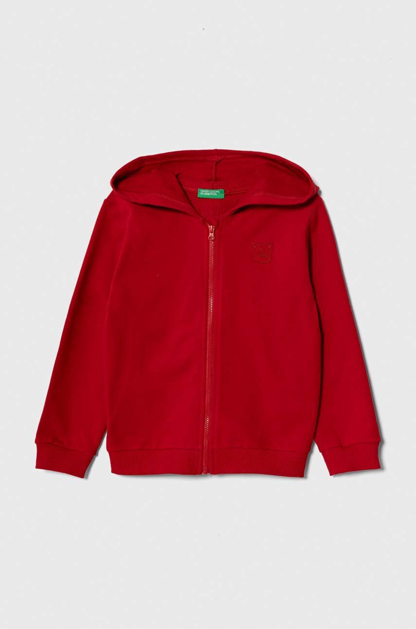 Levně Dětská mikina United Colors of Benetton červená barva, s kapucí, hladká