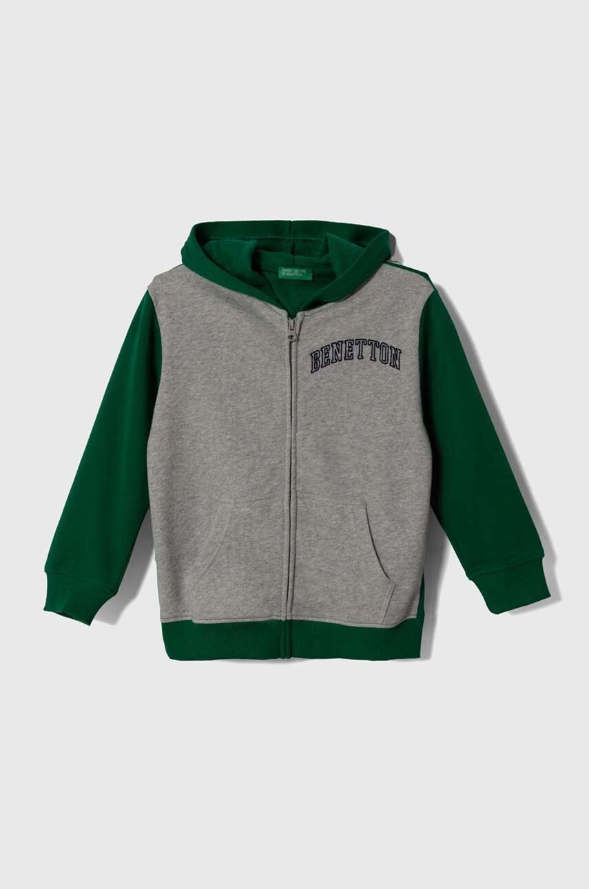

Детская хлопковая кофта United Colors of Benetton цвет зелёный с капюшоном узор