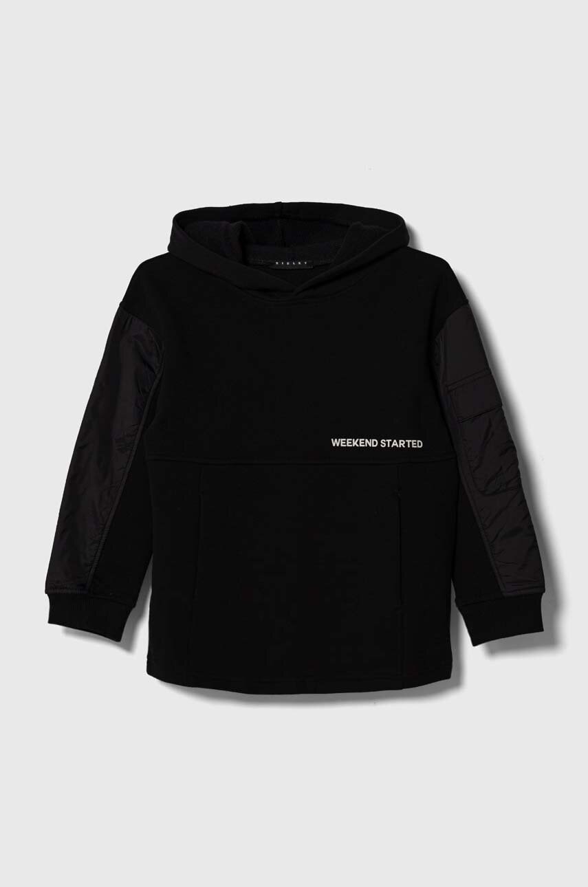 Детская хлопковая кофта Sisley цвет чёрный с капюшоном с принтом Детская хлопковая кофта Sisley цвет чёрный с капюшоном с принтом