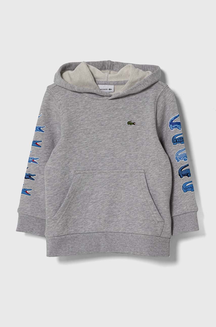 Детская хлопковая кофта Lacoste цвет серый с капюшоном с принтом Детская хлопковая кофта Lacoste цвет серый с капюшоном с принтом