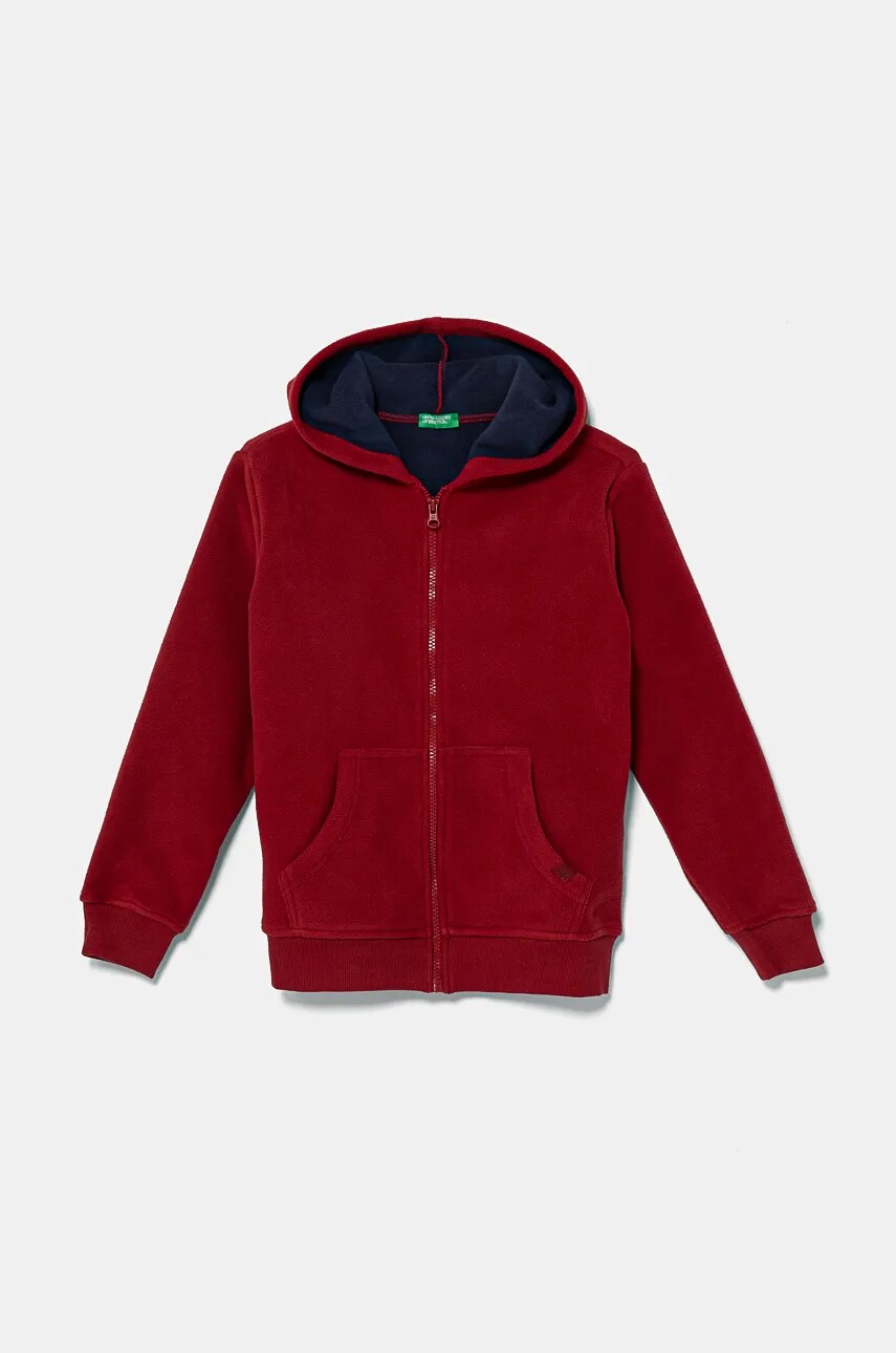 United Colors of Benetton bluza copii culoarea bordo, cu glugă, neted