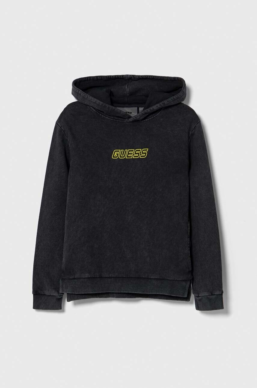 

Дитяча бавовняна кофта Guess колір сірий з капюшоном з принтом