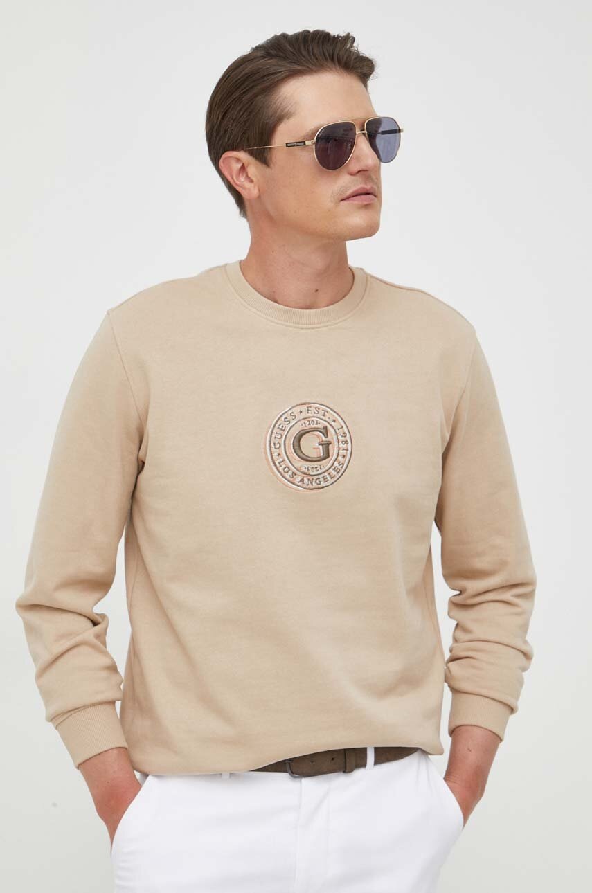 

Хлопковая кофта Guess мужская цвет бежевый с аппликацией