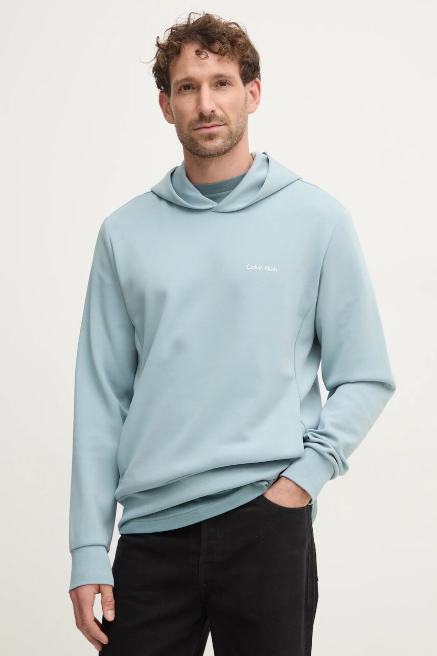 Levně Mikina Calvin Klein pánská, tyrkysová barva, s kapucí, hladká, K10K109927
