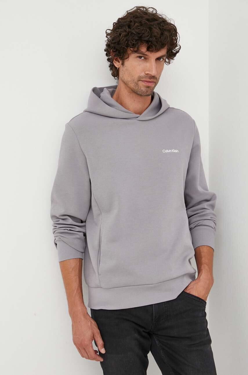 Levně Mikina Calvin Klein pánská, šedá barva, s kapucí, hladká, K10K109927
